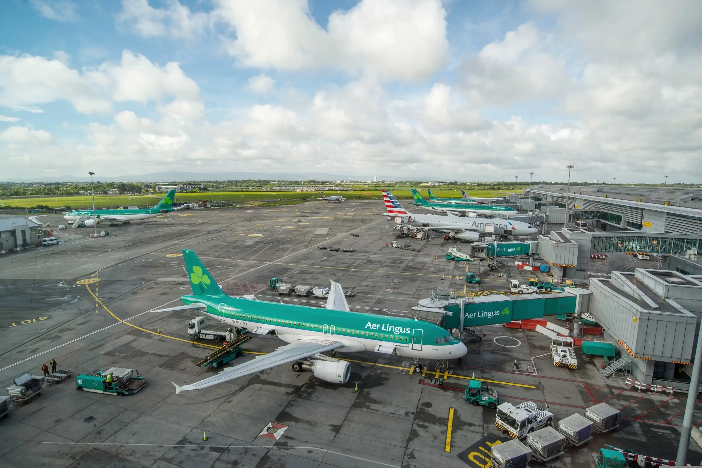 Aer Lingus and American Airlines aircraft at the gates of Dublin Airport