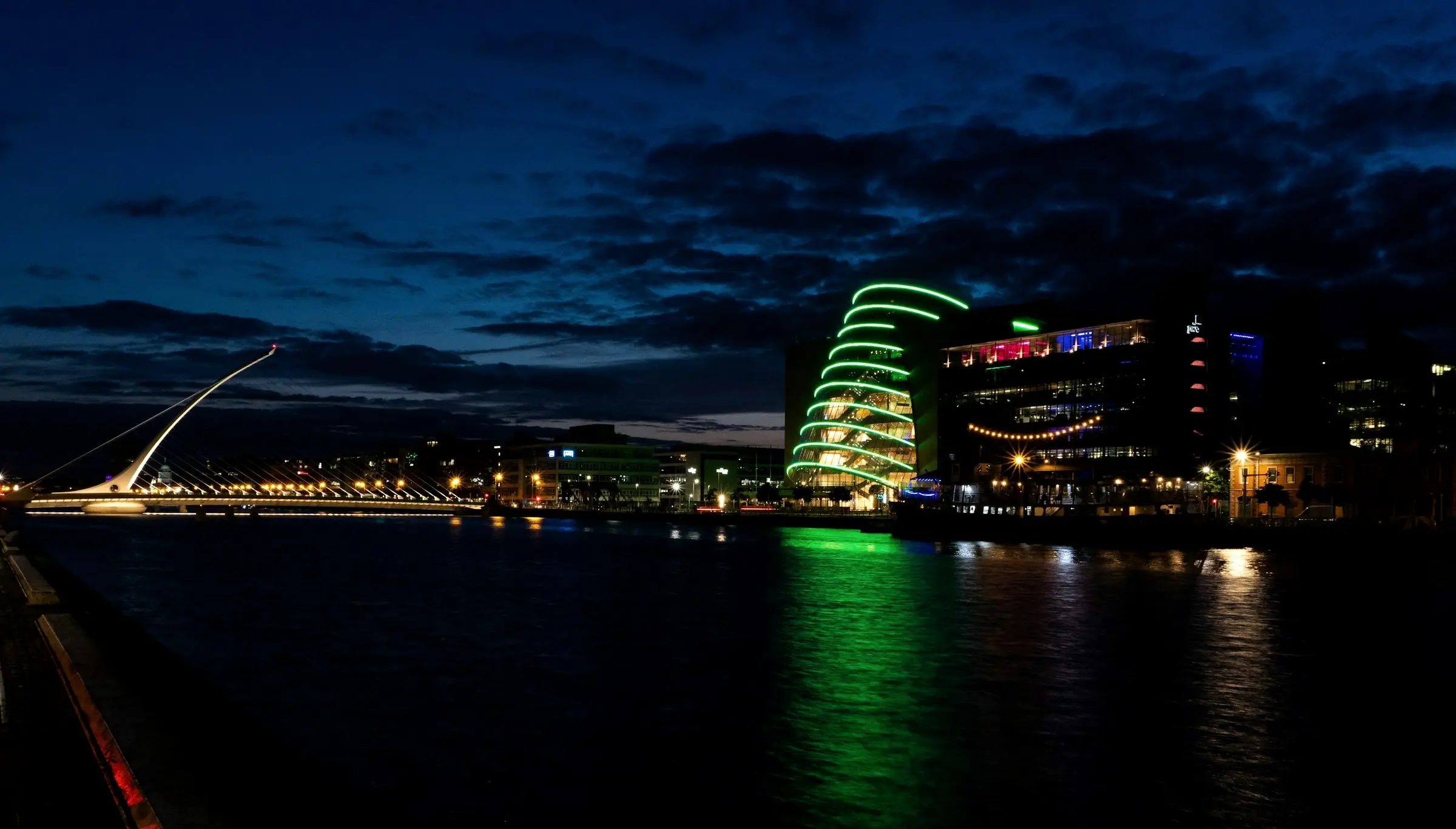 Dublin Docklands and the Samuel Beckett Bridge at night